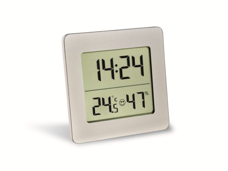 ThermoHygrometer silber mit Display und Uhr SKS24.at Ihr